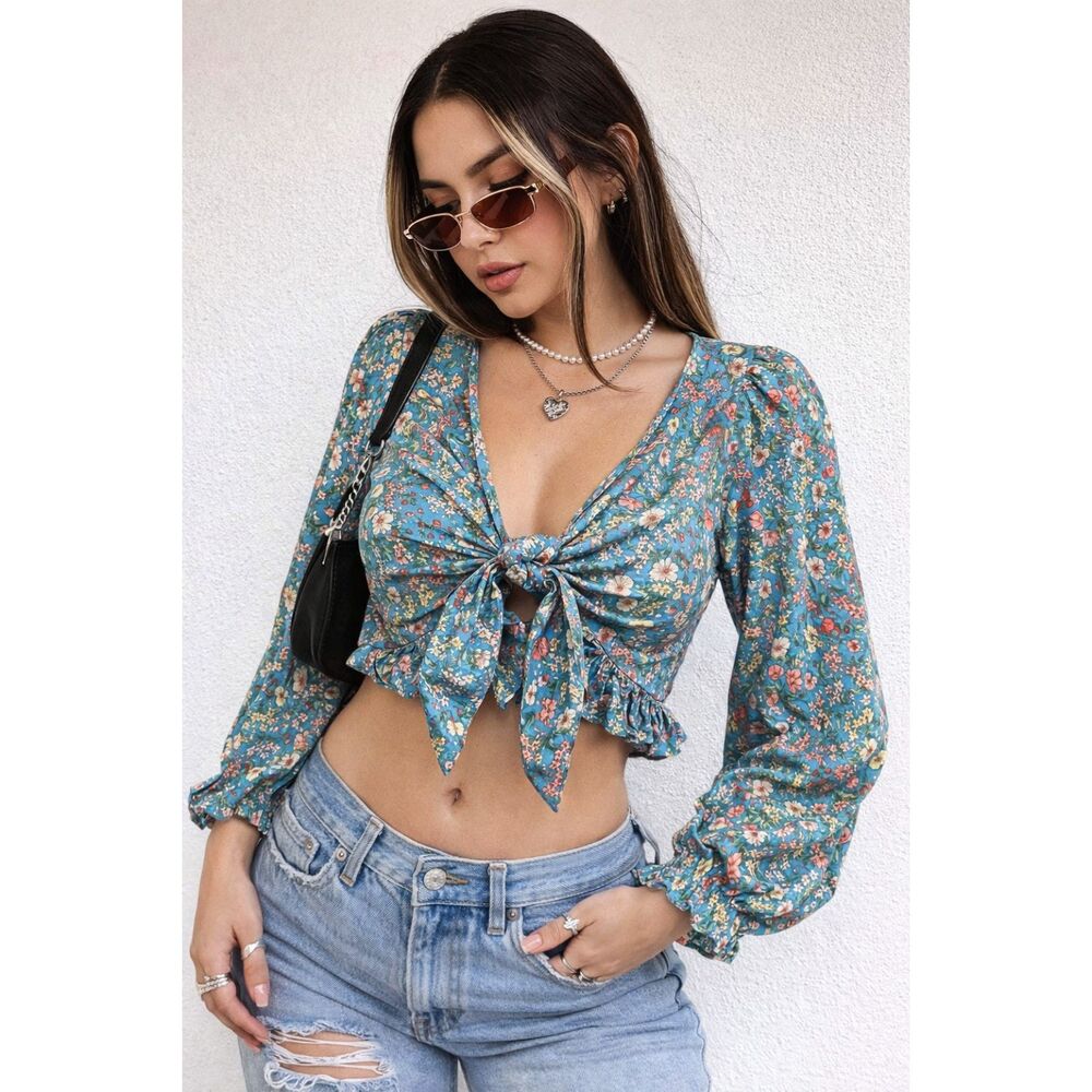 CATAMARAN Blue Floral Y2K Blouse Shirt Top   Women's Size Medium